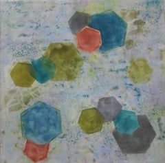 "Bio Patterns 5", encaustic, pastel, abstract, microscopic, green, blue, grey