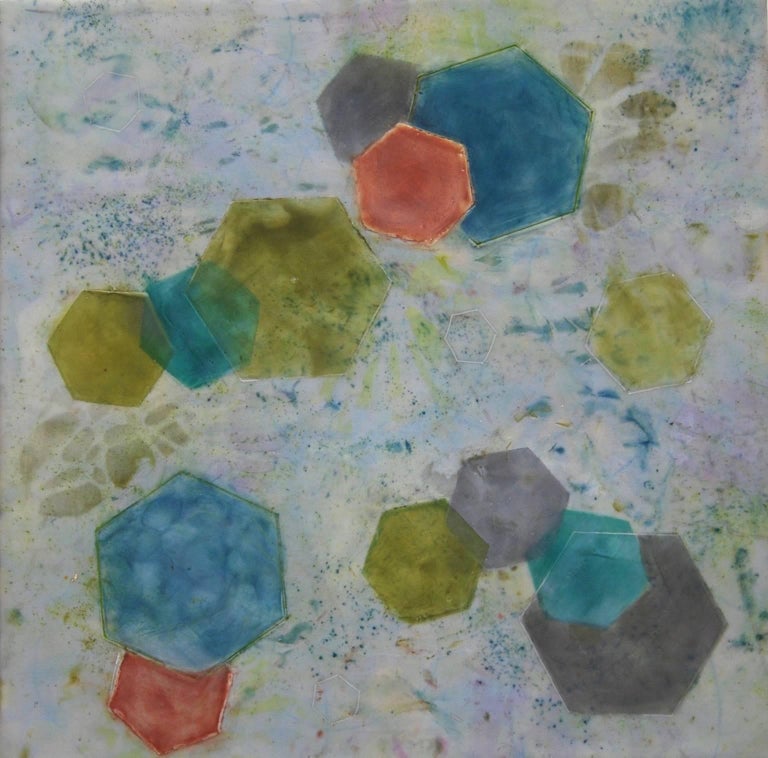 Kay Hartung Abstract Painting - "Bio Patterns 5", encaustic, pastel, abstract, microscopic, green, blue, grey