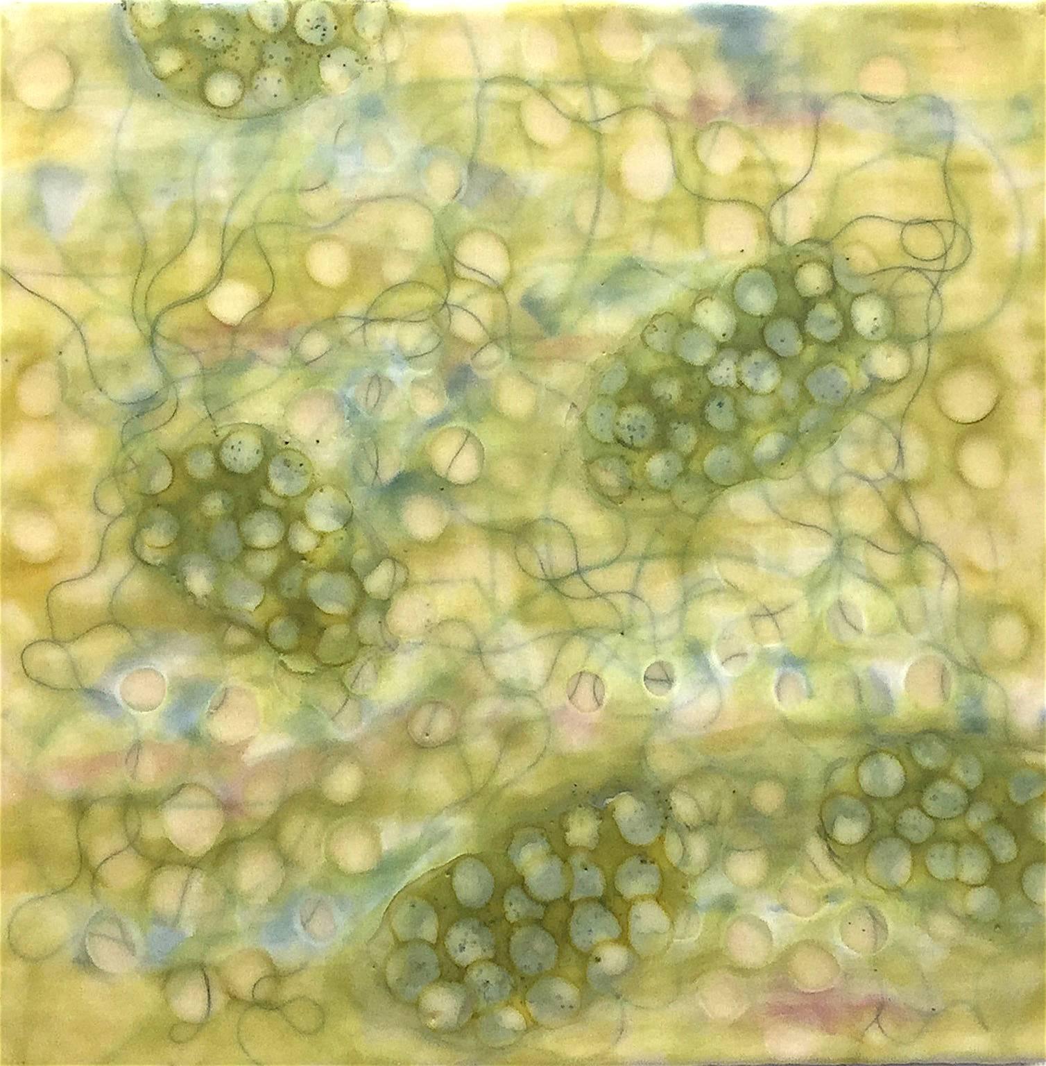 "Bio Fusion 12", abstract, microscopic, green, pink, encaustic, pastel
