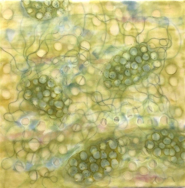 Kay Hartung Abstract Painting - "Bio Fusion 12", encaustic, pastel, abstract, microscopic, green, pink