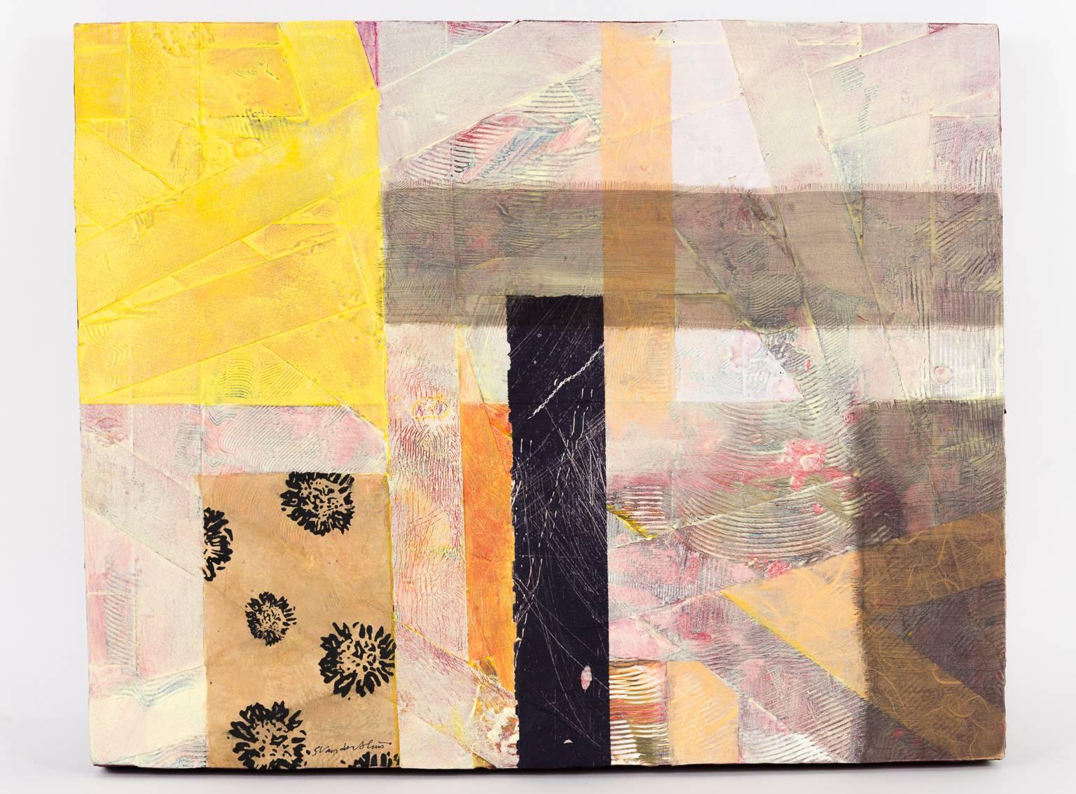 "Criss Cross: Yellow, Pink", mixed-media, fabric, acrylic, painting, purple