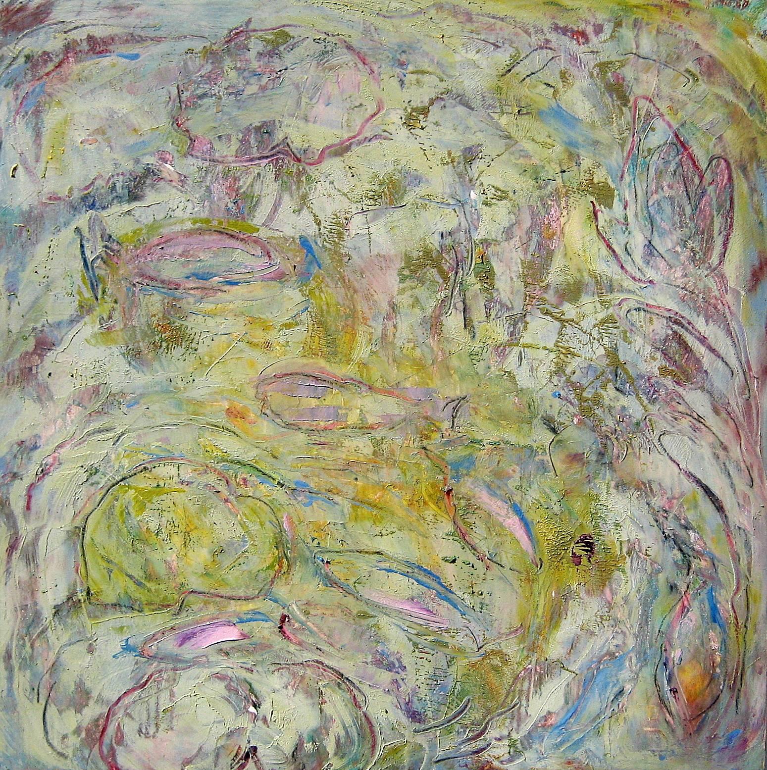 "Little Fish in a Big Pond", abstrait, roses, ors, bâton de pigment, peinture à l'huile