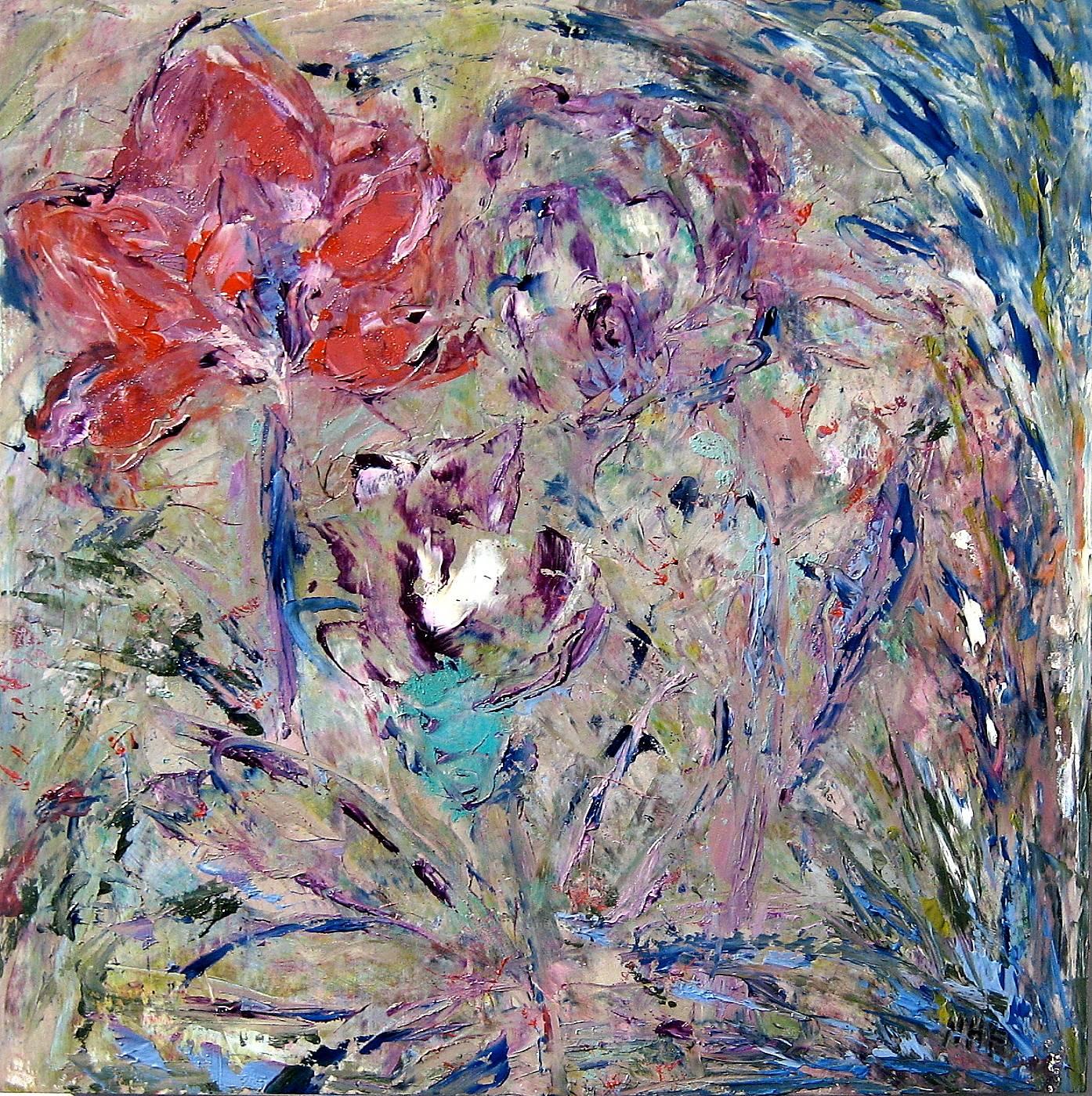 Nan Hass Feldman Abstract Painting - "Budding", abstract, landscape, red, blues, purples, pigment stick, oil painting