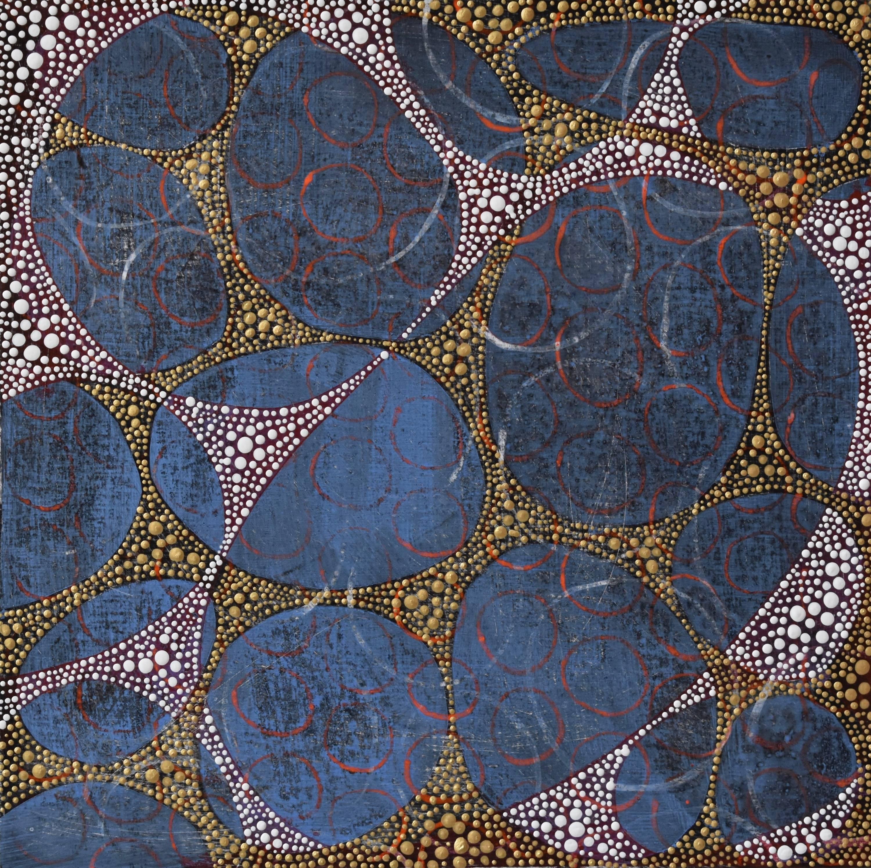 "Between 1", abstract, webs, gold, blue, white, orange, acrylic painting - Painting by Denise Driscoll