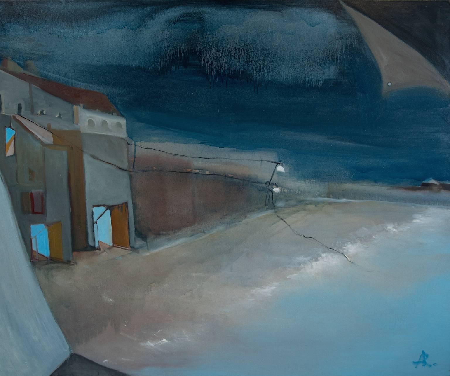 « Life a Many Layers », paysage, surréaliste, nuit, bleus, bruns, peinture à l'huile - Painting de Alexandra Rozenman