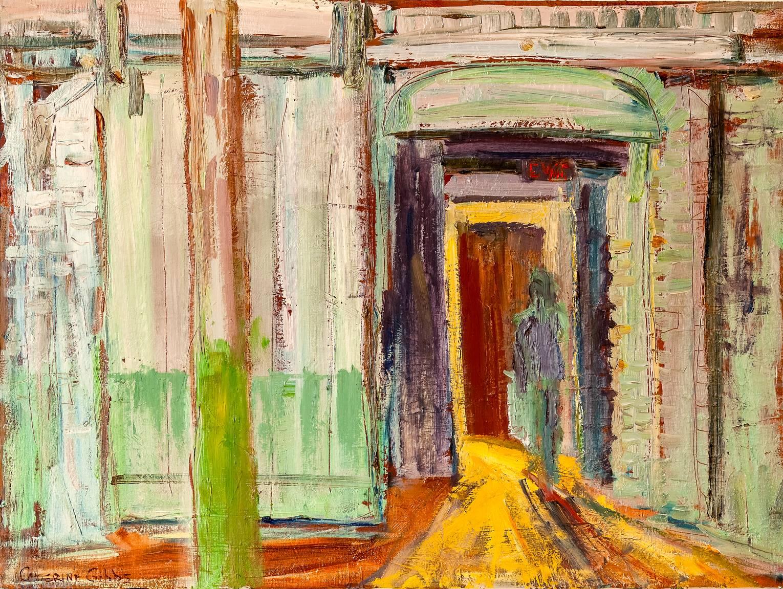 Interior Painting de Catherine Picard-Gibbs - "Tarde en el Estudio", interior, fábrica, verde azulado, azul, amarillo, óleo
