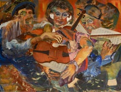 "Post-Modern Musicians", Surrealist Portrait, Orange, Collage, Acrylic Painting