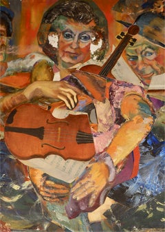 "Post-Modern Musicians", Surrealist Portrait, Orange, Collage, Acrylic Painting