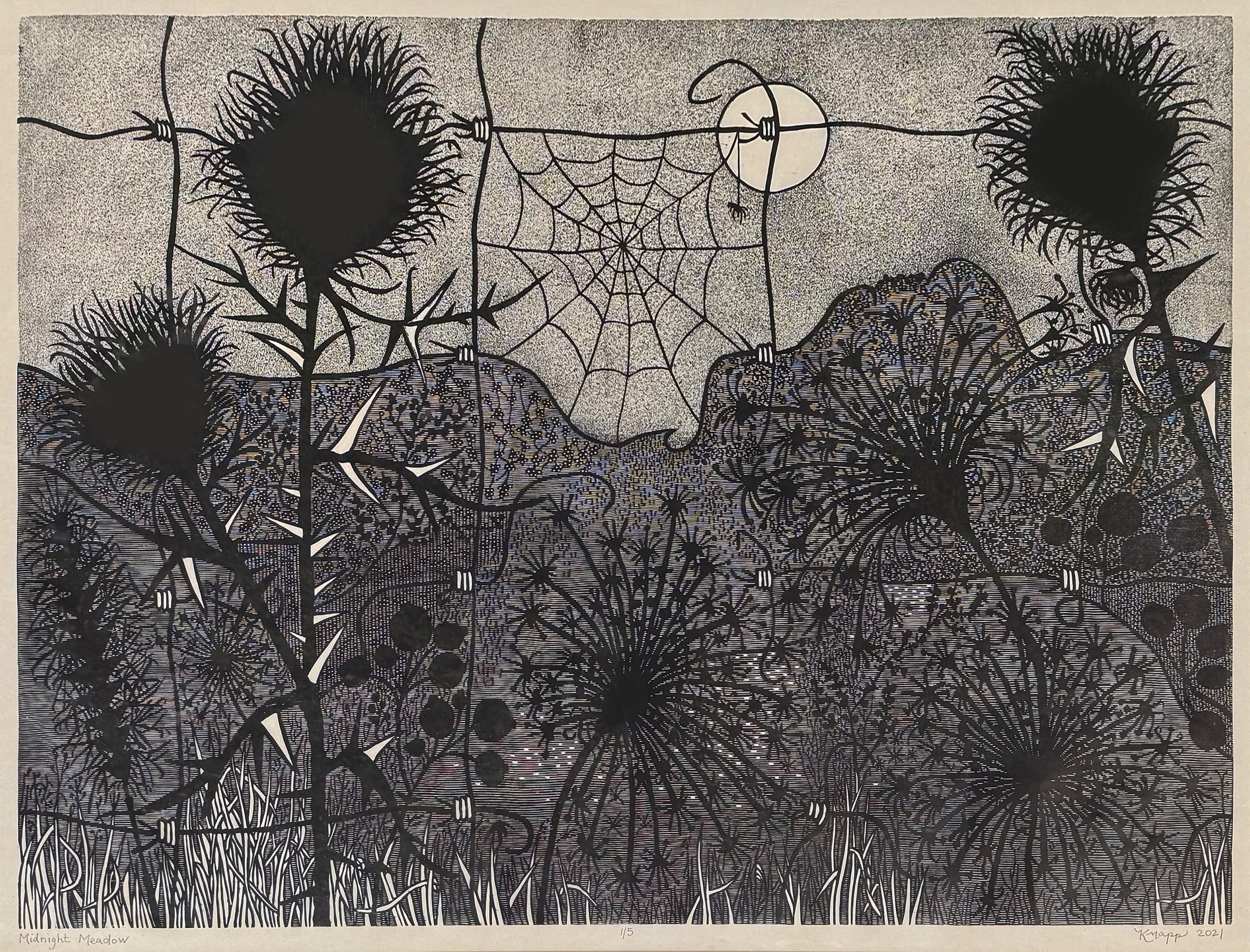 Peter Knapp Landscape Print - "Midnight Meadow", Abstract Landscape, Monochromatic, Web, Moon, Woodcut Print