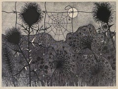 "Midnight Meadow", Paesaggio astratto, Monocromatico, Web, Luna, Stampa xilografica