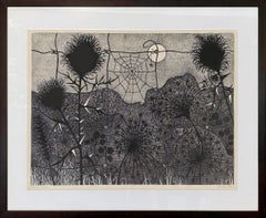 "Midnight Meadow", Paesaggio astratto, Monocromatico, Web, Luna, Stampa xilografica