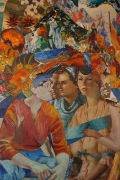 "Picnic Kiss", Surrealist, Orange, Blue, Green, Red, Collage, Acrylic Painting