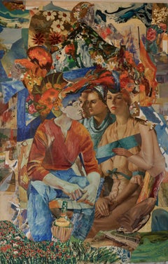 "Picnic Kiss", Surrealist, Orange, Blue, Green, Red, Collage, Acrylic Painting