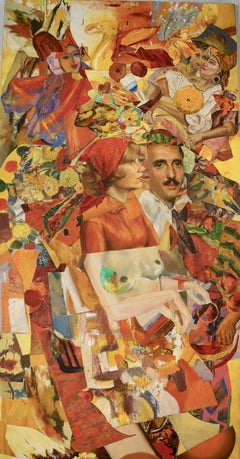 "Love in the Hollywood Hills", Surrealist, White, Red, Collage, Acrylic Painting