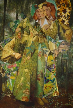 « Apparition forestière », surréaliste, vert, blanc, rouge, collage, peinture acrylique