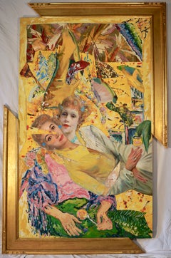 "Rainbow Lollipop", Surrealist, Yellow, Pink, Green, Collage, Acrylic Painting