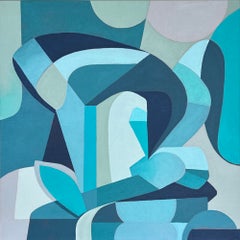 "Twilight Grace Note", Abstract, Mid-Century, Geometric, Blue, Acrylic Painting
