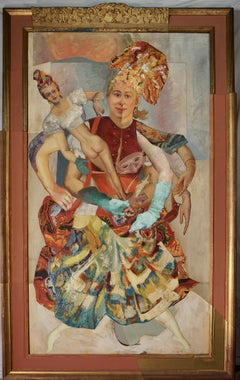 „Bäuerliche Tänzerin mit Marionette“, surrealistisches Porträt, Collage, Acrylgemälde