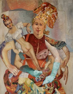 „Bäuerliche Tänzerin mit Marionette“, surrealistisches Porträt, Collage, Acrylgemälde