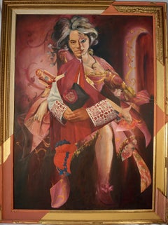 „Tänzer-Priester“, surrealistisches Porträt, Rot, Rosa, Blau, Collage, Acrylgemälde