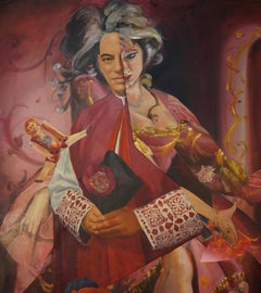 „Tänzer-Priester“, surrealistisches Porträt, Rot, Rosa, Blau, Collage, Acrylgemälde