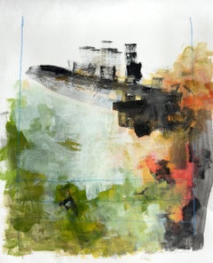 Peinture acrylique sur papier « Bigly » : abstraite, audacieuse, aux couleurs vives (vert, noir, orange, blanc) et évoquant le feu