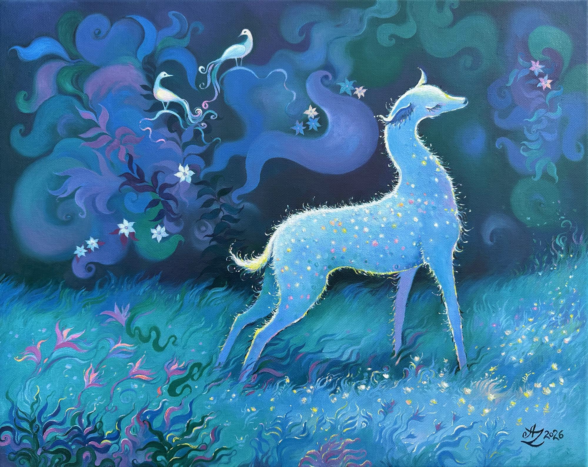 "White Deer", Surreal Landscape, Garden, Flowers, Birds, Blue, Oil Painting