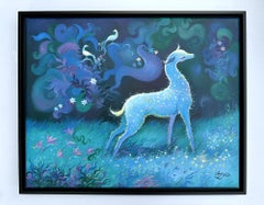 "White Deer", Surreal Landscape, Garden, Flowers, Birds, Blue, Oil Painting