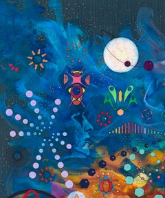 „...Before the Beyond“, zeitgenössisch, geometrisch, blau, Mischtechnik-Gemälde