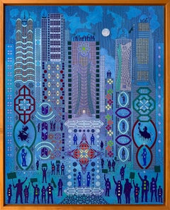 „Happily Ever After“, zeitgenössisch, urban, geometrisch, blau, Mischtechnik-Gemälde