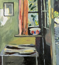 "Green Glass Door", Expressionist, Interior, Landscape, Acrylic Painting
