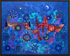 „Das Wort aus der Höhe“, zeitgenössisch, geometrisch, blau, Mischtechnik-Gemälde