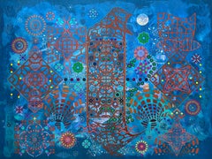 «Through Thick and Thin», pintura contemporánea, geométrica, azul, técnica mixta