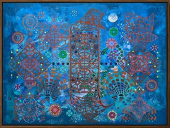 «Through Thick and Thin», pintura contemporánea, geométrica, azul, técnica mixta