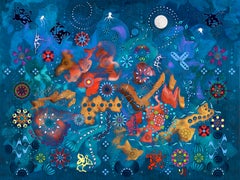 «Wild Blue Yonder», pintura contemporánea, geométrica, azul, naranja, técnica mixta