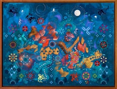 «Wild Blue Yonder», pintura contemporánea, geométrica, azul, naranja, técnica mixta