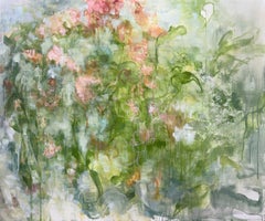 "Grimmoire", dipinto acrilico astratto con motivi naturali: fiori, alberi, verde, rosa, rosso e blu