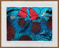 "The Gathering", Contemporary, Butterfly, Nature, Blue, Red, Woodcut Print