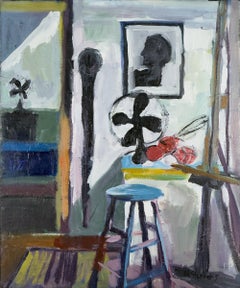 „Studio mit Ventilator“, Zeitgenössisch, Interieur, Schwarz, Rot, gestische Acrylmalerei