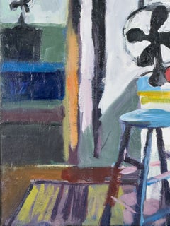„Studio mit Ventilator“, Zeitgenössisch, Interieur, Schwarz, Rot, gestische Acrylmalerei