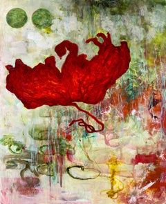 "Weeds", abstract landscape bird flower red green yellow blue acrylic painting