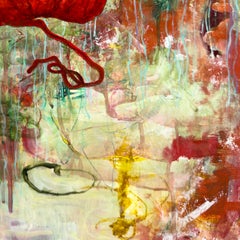 "Weeds", abstract landscape bird flower red green yellow blue acrylic painting