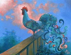 „Morning Herald“, zeitgenössisch, surrealistisch, Hahn, blau, rosa, Ölgemälde
