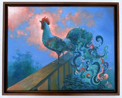 „Morning Herald“, zeitgenössisch, surrealistisch, Hahn, blau, rosa, Ölgemälde