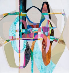 «Gallivant», contemporáneo, abstracto geométrico, azul, verde, collage con técnicas mixtas