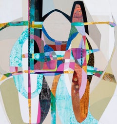 «Gallivant», contemporáneo, abstracto geométrico, azul, verde, collage con técnicas mixtas