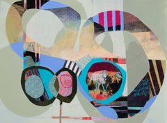 « Ici et là », Art contemporain, Abstrait géométrique, Bleu, Collage en techniques mixtes