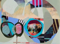 « Ici et là », Art contemporain, Abstrait géométrique, Bleu, Collage en techniques mixtes