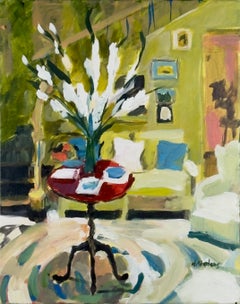 "Red Table", Contemporary, Interior, White Flowers, Gestural Acrylic Painting