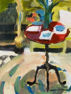 "Red Table", Contemporary, Interior, White Flowers, Gestural Acrylic Painting